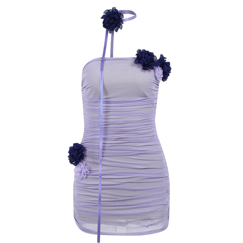 Pauline |   Mesh Contrast Color Flower Tube Top Scarf Ribbon Dress