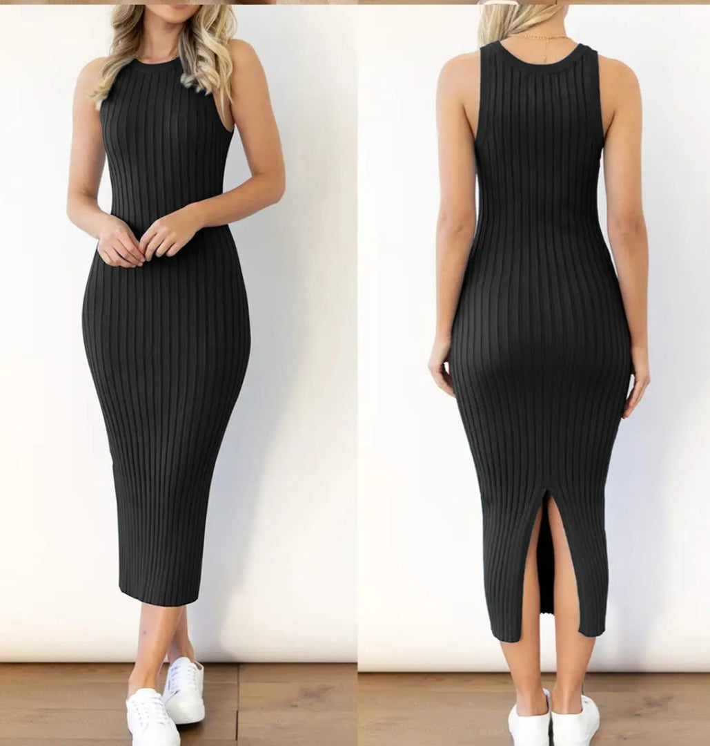 Pauline | Frauen gerippt ärmellos geteilt Midi Bodycon Kleid