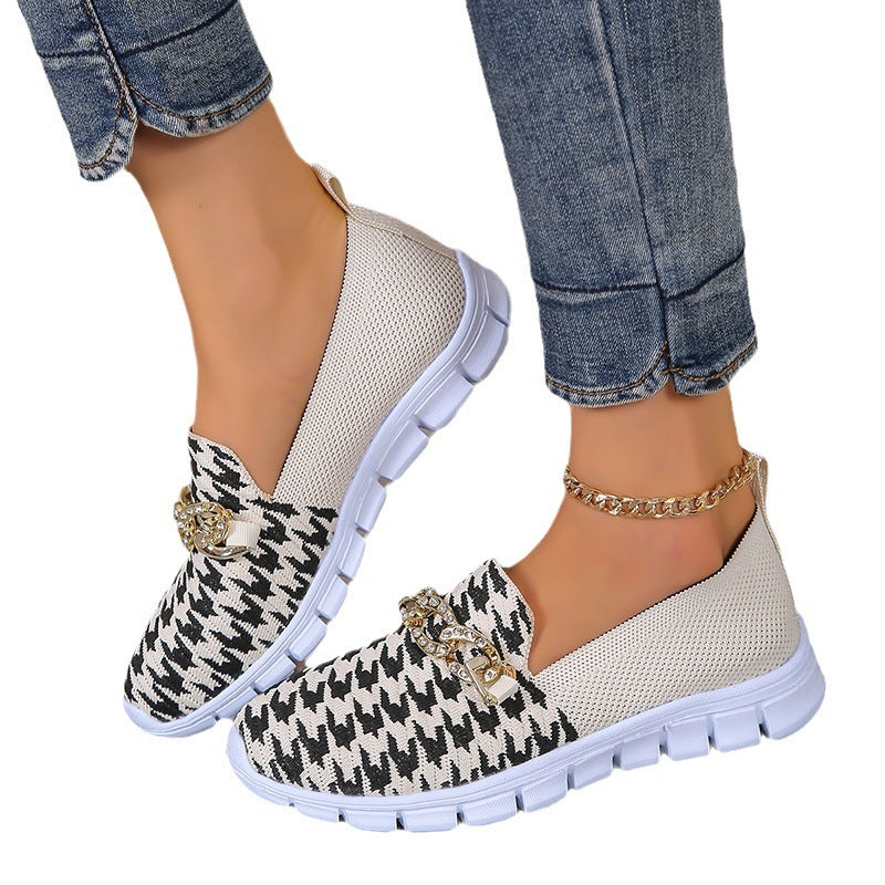 Pauline | Mode Hahnentritt Print Kette Mesh Schuhe